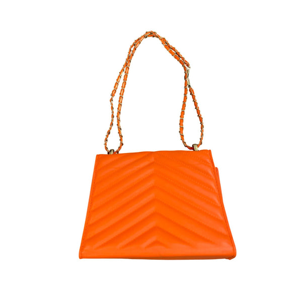 Orange Quilted Chain Strap Shoulder Bag Faux Leather Chevron Pattern Compact Design
