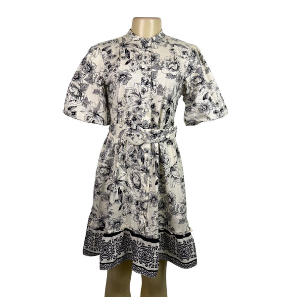 Joie Black & White Floral Dress Polyester/Button-Down/Tie Belt/Has Pockets Sz 4