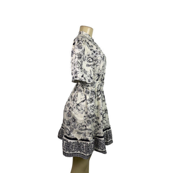 Joie Black & White Floral Dress Polyester/Button-Down/Tie Belt/Has Pockets Sz 4