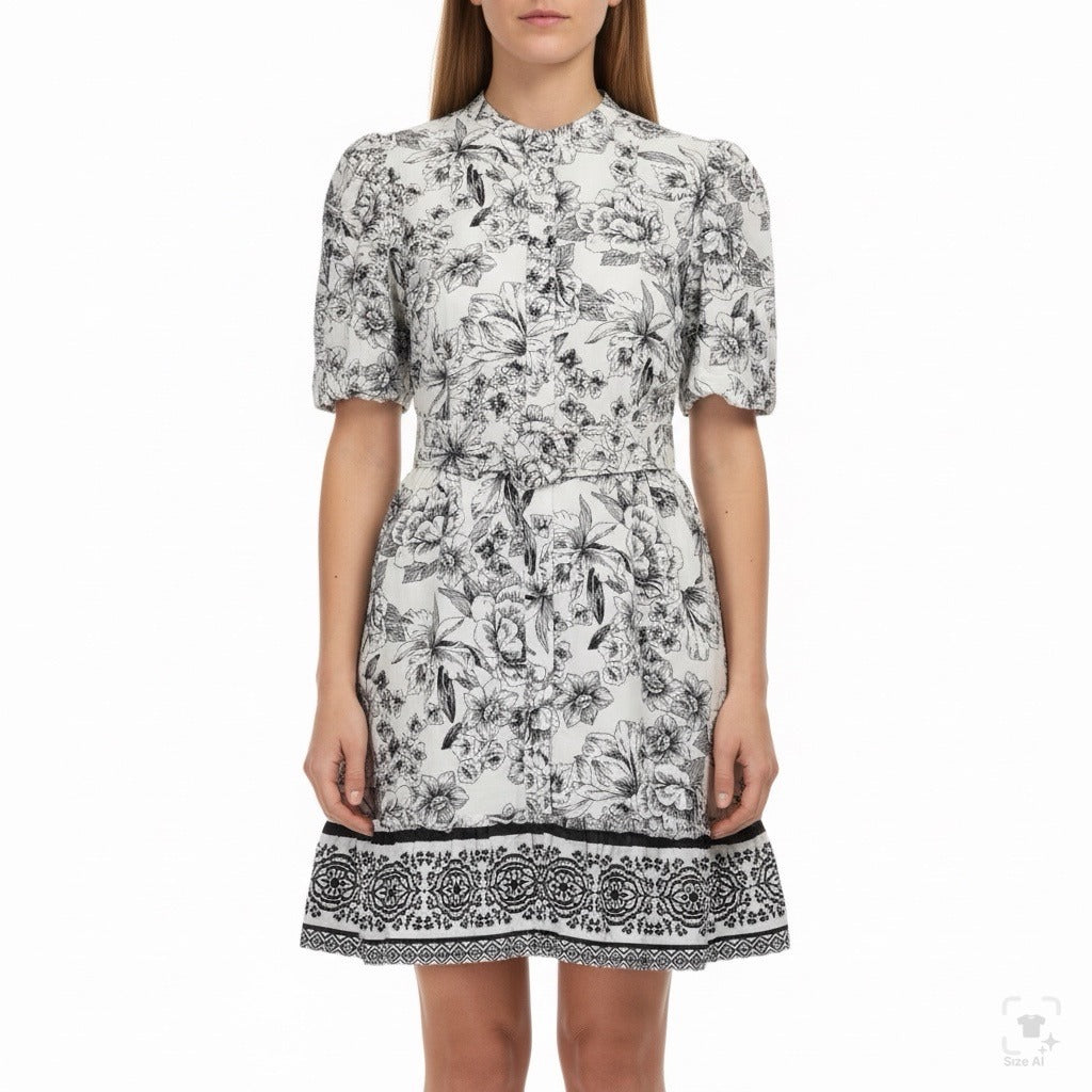Joie Black & White Floral Dress Polyester/Button-Down/Tie Belt/Has Pockets Sz 4