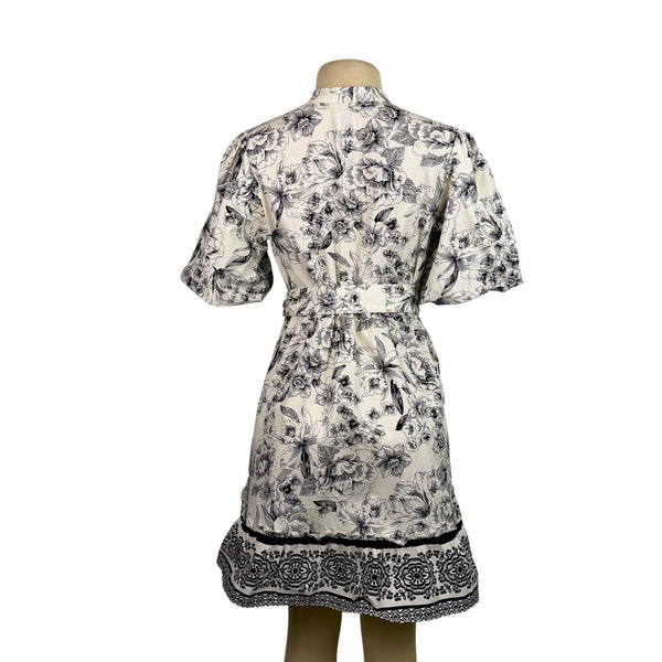 Joie Black & White Floral Dress Polyester/Button-Down/Tie Belt/Has Pockets Sz 4