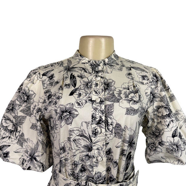 Joie Black & White Floral Dress Polyester/Button-Down/Tie Belt/Has Pockets Sz 4
