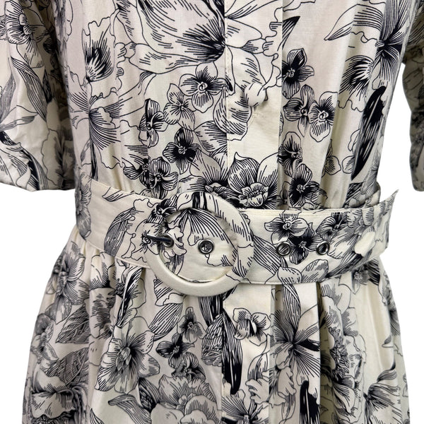 Joie Black & White Floral Dress Polyester/Button-Down/Tie Belt/Has Pockets Sz 4