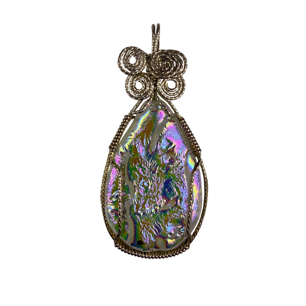 Wire Wrapped Iridescent Pendant Silver Tone Handmade Jewelry Metal & Glass