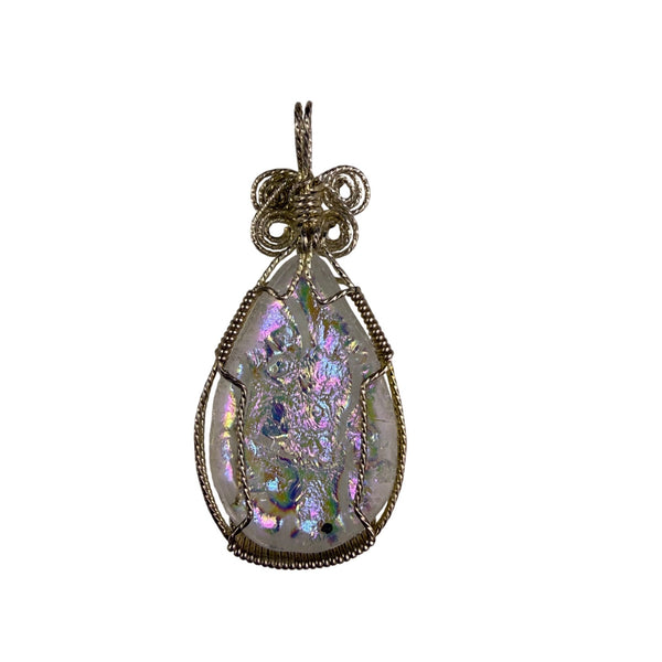 Wire Wrapped Iridescent Pendant Silver Tone Handmade Jewelry Metal & Glass
