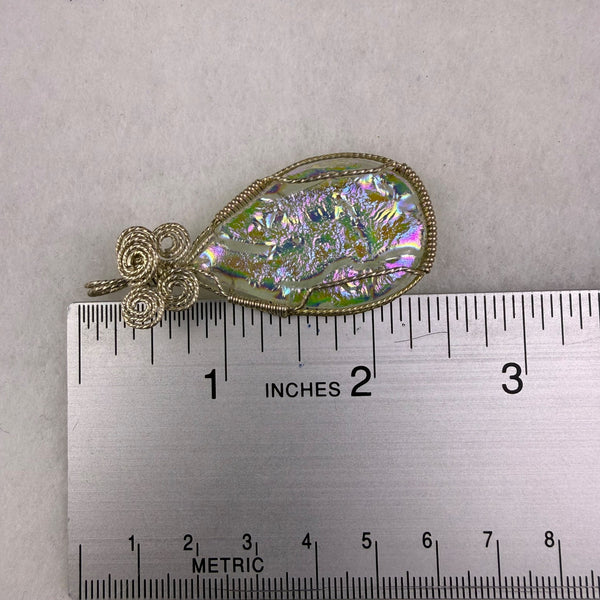 Wire Wrapped Iridescent Pendant Silver Tone Handmade Jewelry Metal & Glass