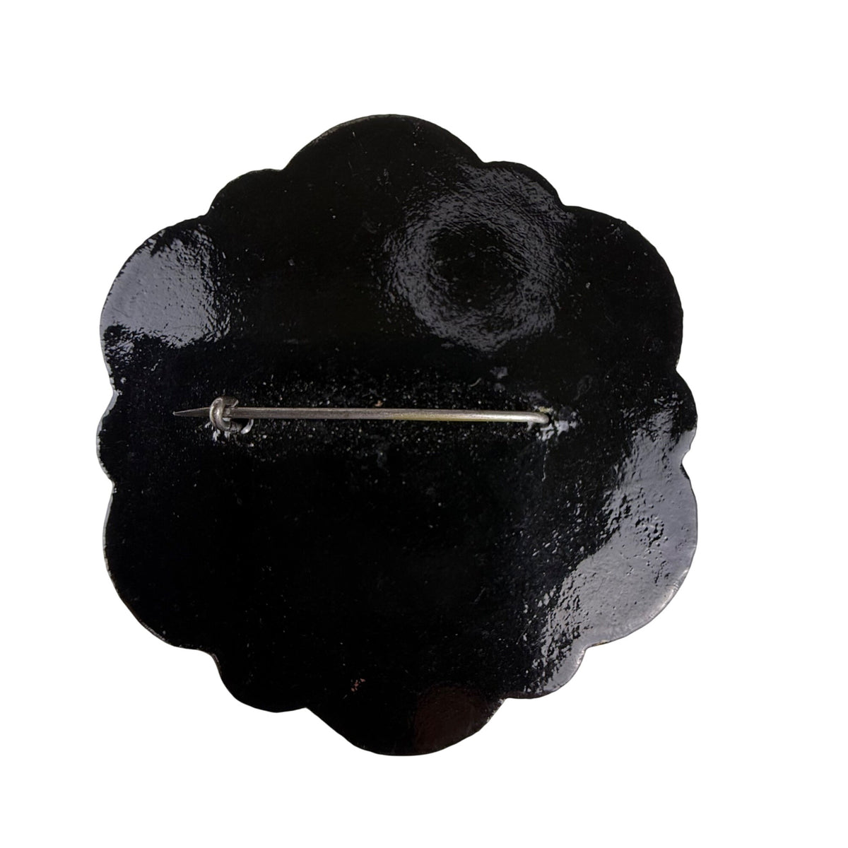 Hand-Painted Vintage Russian Lacquer Brooch Green Black Scalloped Scene Pin