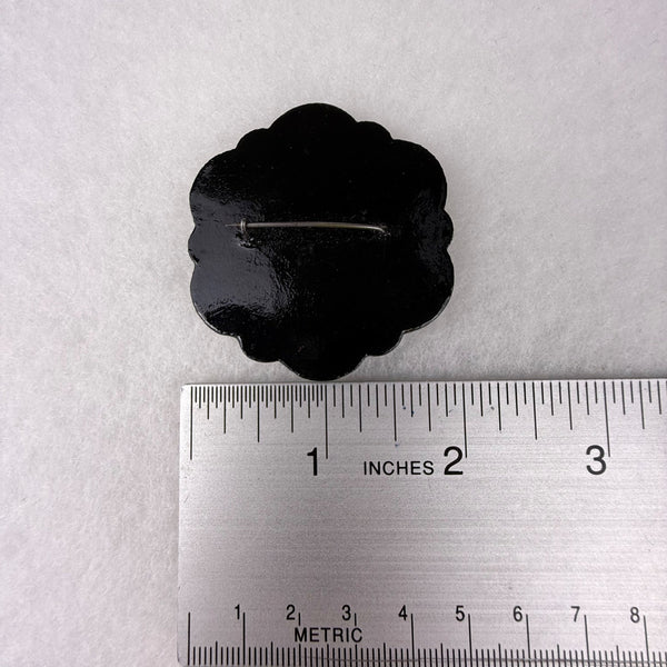 Hand-Painted Vintage Russian Lacquer Brooch Green Black Scalloped Scene Pin