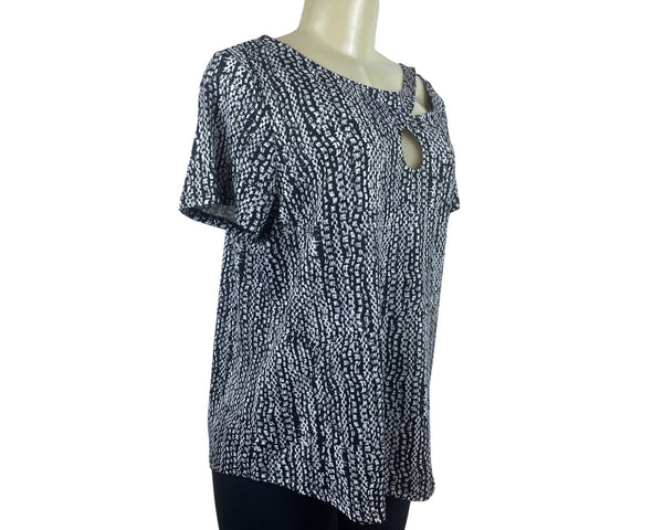 E-Maline Womens Black & White Abstract Print Keyhole Top Short Sleeve Sz L - New