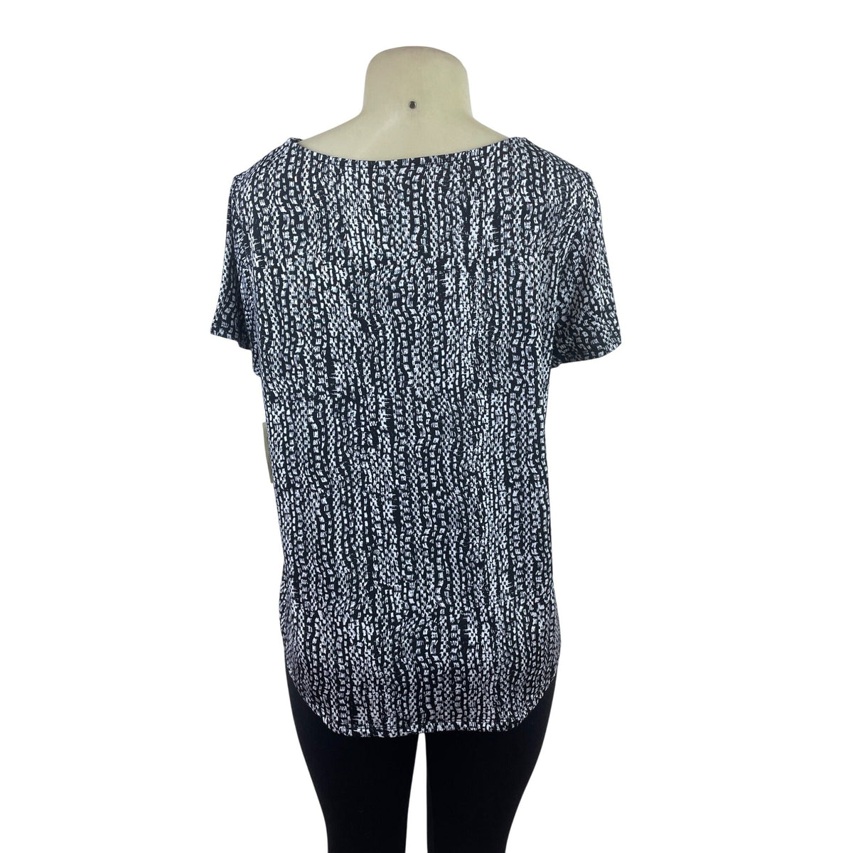 E-Maline Womens Black & White Abstract Print Keyhole Top Short Sleeve Sz L - New