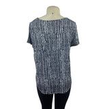 E-Maline Womens Black & White Abstract Print Keyhole Top Short Sleeve Sz L - New