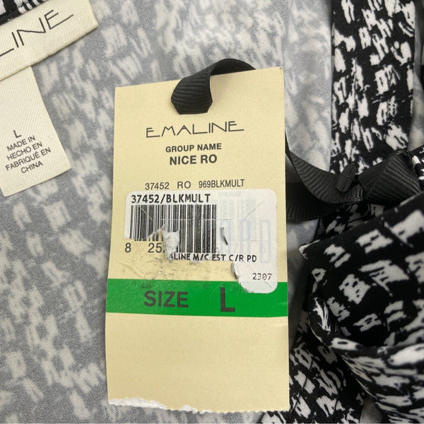 E-Maline Womens Black & White Abstract Print Keyhole Top Short Sleeve Sz L - New