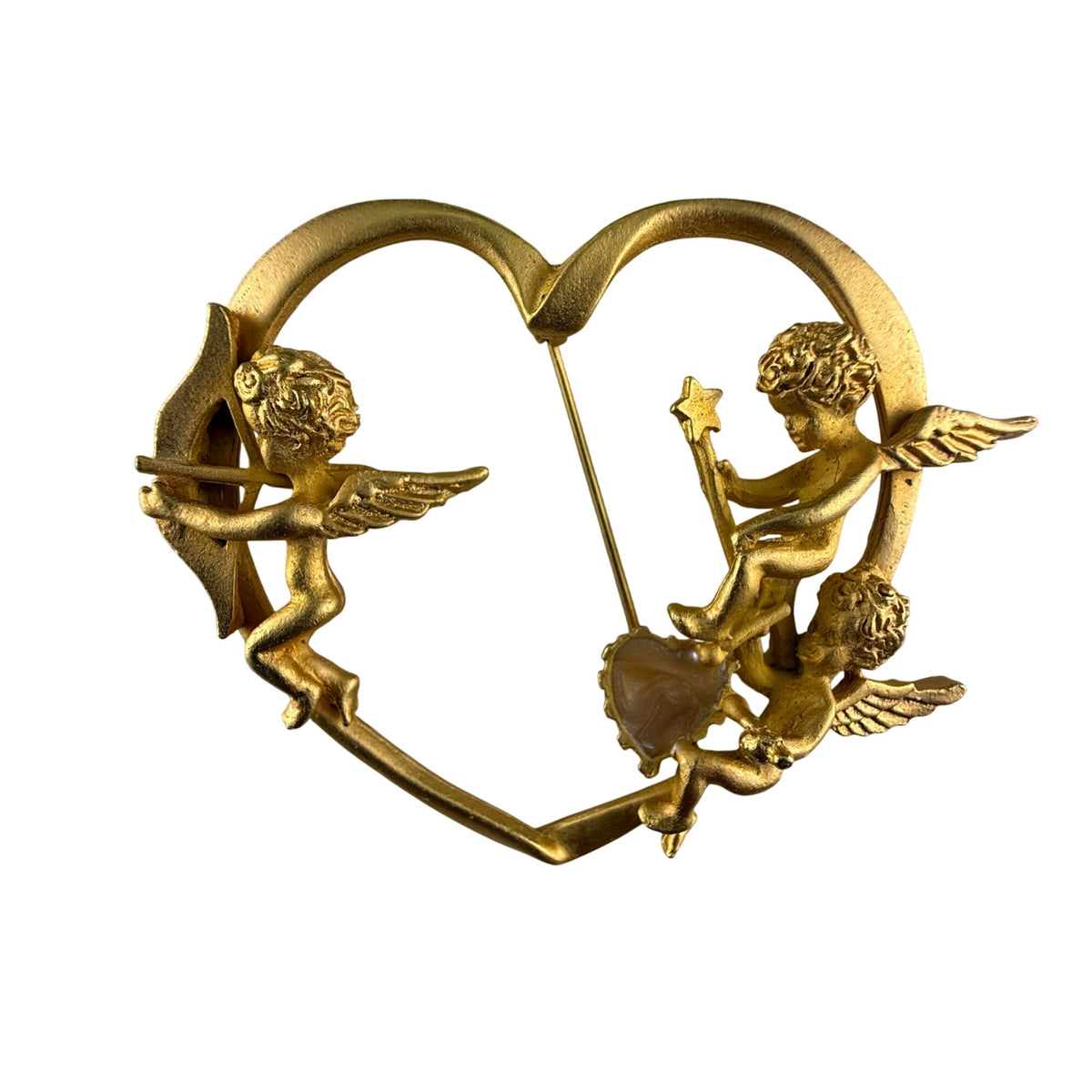 Vintage Cherub Brooch Heart Pin Gold Tone Romantic Design Charming Accessory