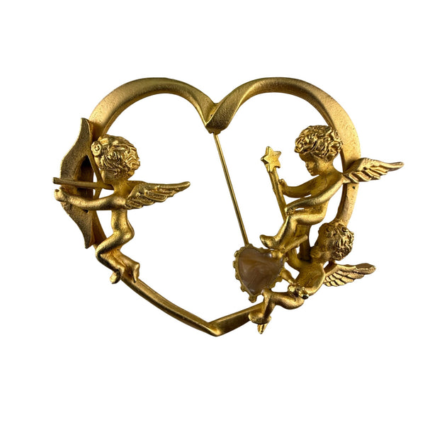 Vintage Cherub Brooch Heart Pin Gold Tone Romantic Design Charming Accessory