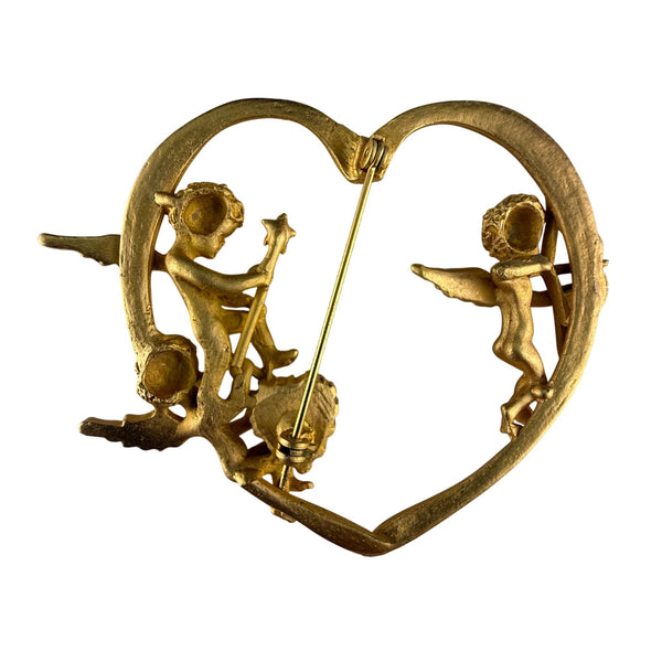 Vintage Cherub Brooch Heart Pin Gold Tone Romantic Design Charming Accessory