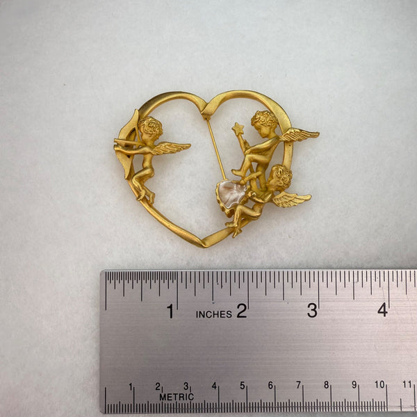 Vintage Cherub Brooch Heart Pin Gold Tone Romantic Design Charming Accessory