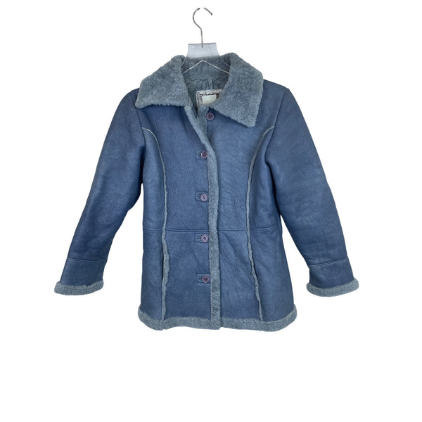 Vecchio Ponte Girls Blue Shearling Lamb Button-Up Jacket 10Y Made In Italy Soft Fur Lining