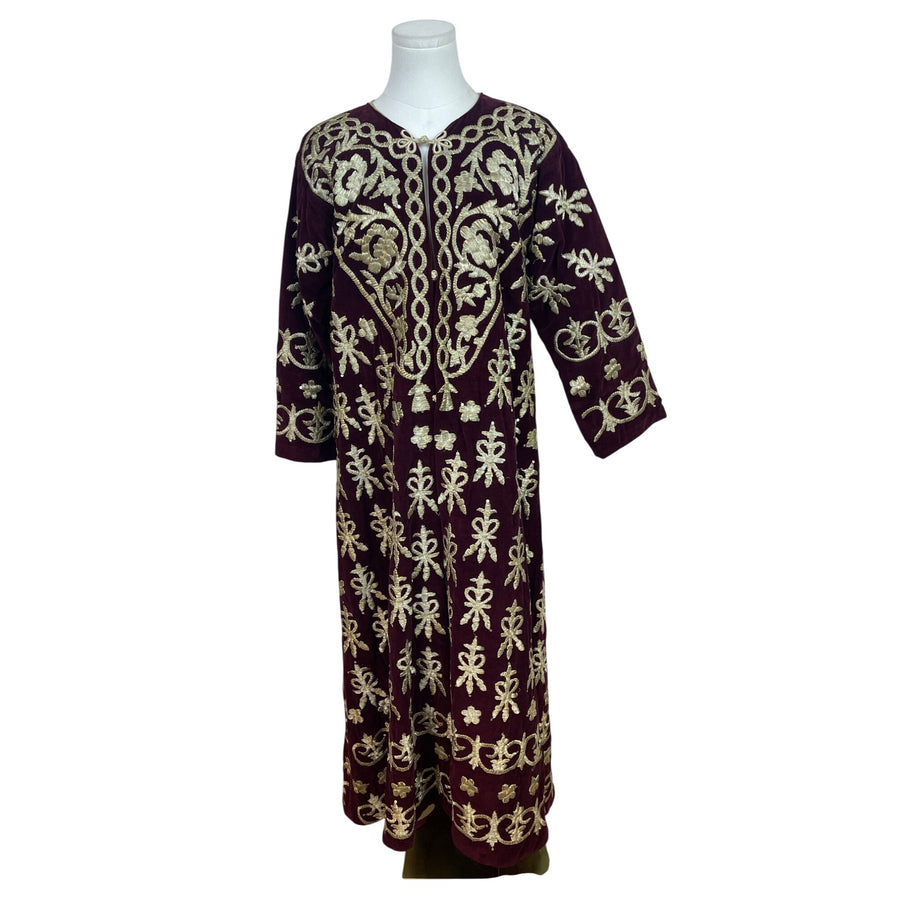Vintage Women’s Velvet Burgundy & Gold Tone Embroidered Kaftan Dress