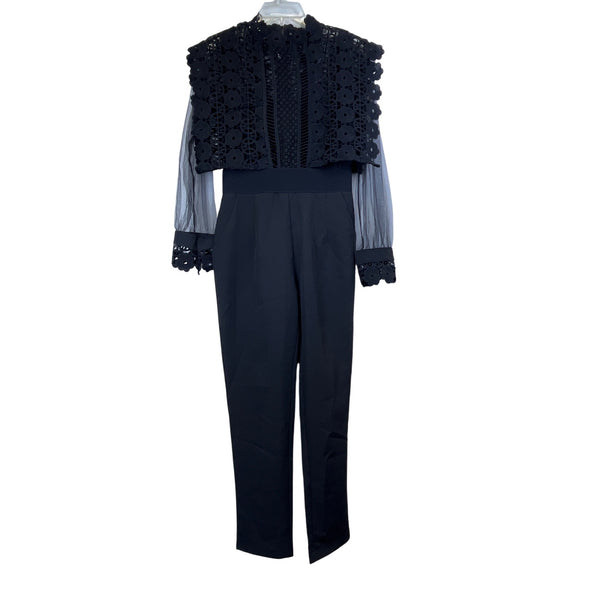 Black Lace Overlay Sheer Sleeve Womens Jumpsuit Size M Formal Semi-Fitted Elegant Design Black Lace Overlay Sheer Sleeve Womens Jumpsuit Size M Formal Semi-Fitted Elegant Design