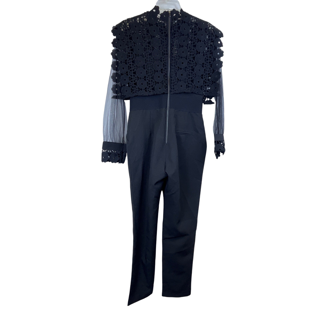 Black Lace Overlay Sheer Sleeve Womens Jumpsuit Size M Formal Semi-Fitted Elegant Design Black Lace Overlay Sheer Sleeve Womens Jumpsuit Size M Formal Semi-Fitted Elegant Design