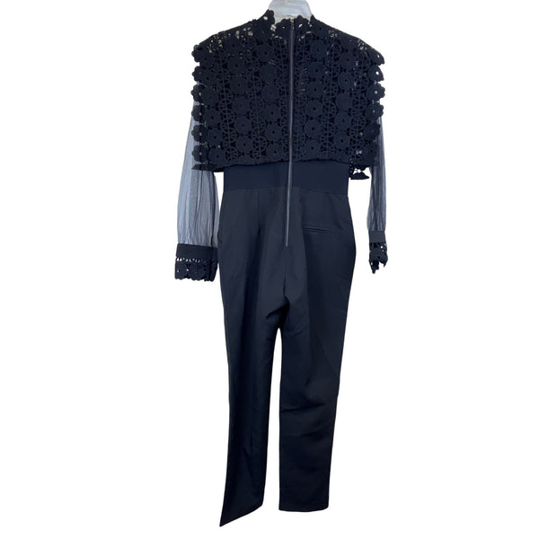 Black Lace Overlay Sheer Sleeve Womens Jumpsuit Size M Formal Semi-Fitted Elegant Design Black Lace Overlay Sheer Sleeve Womens Jumpsuit Size M Formal Semi-Fitted Elegant Design