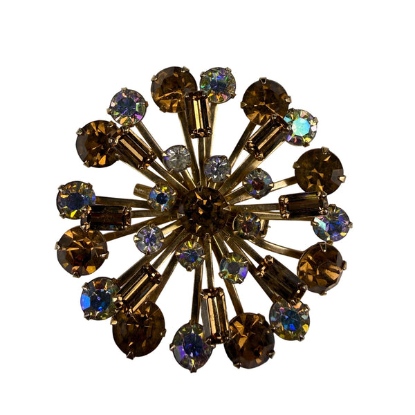Vintage Gold Tone Rhinestone Sunburst Brooch Elegant Pin Clear & Amber Aurora Colors