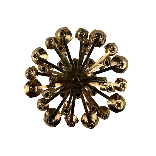 Vintage Gold Tone Rhinestone Sunburst Brooch Elegant Pin Clear & Amber Aurora Colors