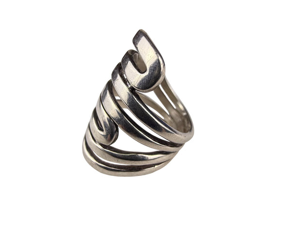 Sterling Silver India Spiral Wide Band Wraparound Ring Modernist Design Size 7