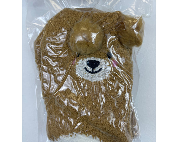 Brown Fuzzy Bear-Themed Childrens Mittens With Pom-Pom Ears Cute Embroidered Face Details Winter Accessory