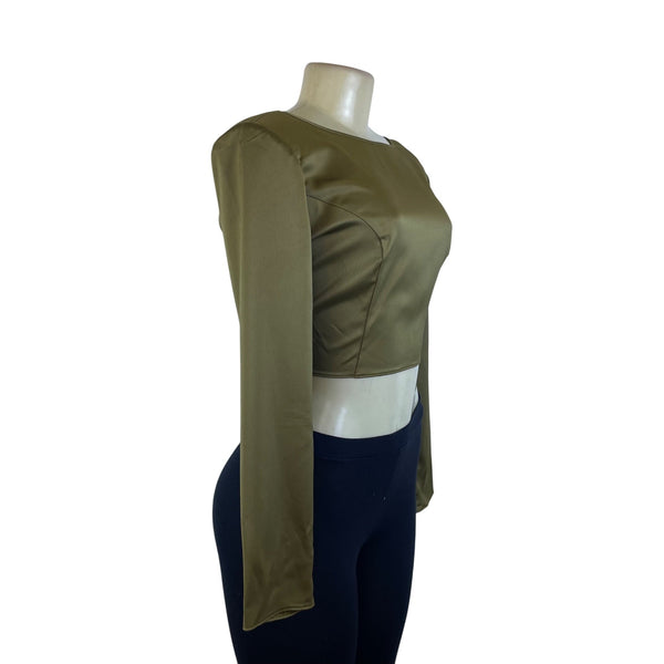 ASOS Olive Long Sleeve Satin Crop Top Open Back Tie Detail Women’s Size 8