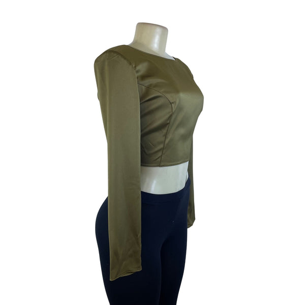 ASOS Olive Long Sleeve Satin Crop Top Open Back Tie Detail Women’s Size 8