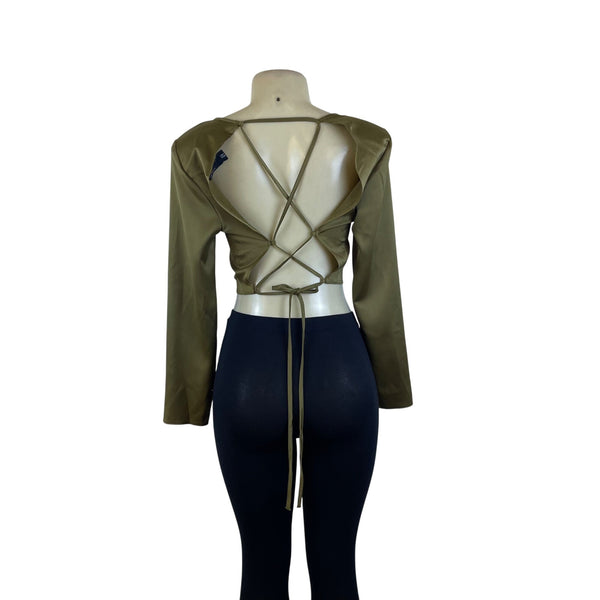 ASOS Olive Long Sleeve Satin Crop Top Open Back Tie Detail Women’s Size 8