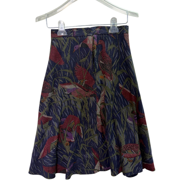 Vintage Womens Multi-Color Cotton A-Line Skirt Featuring Bird Print Size OS