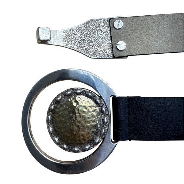 Chicos Black Leather Belt With Gold & Silver Textured Buckle Design Size L