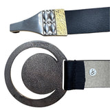 Chicos Black Leather Belt With Gold & Silver Textured Buckle Design Size L