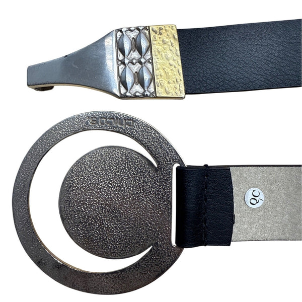 Chicos Black Leather Belt With Gold & Silver Textured Buckle Design Size L