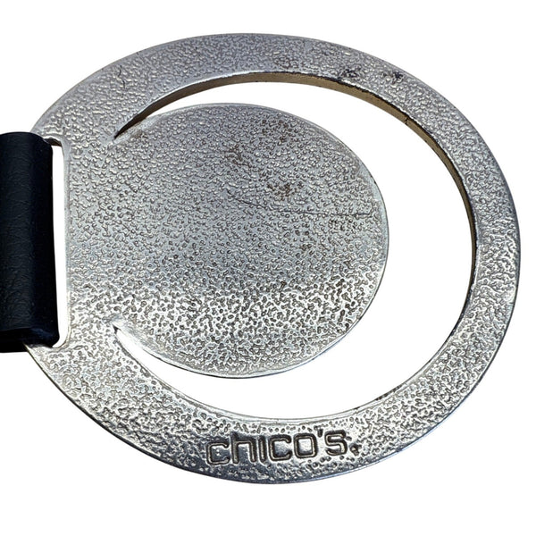 Chicos Black Leather Belt With Gold & Silver Textured Buckle Design Size L