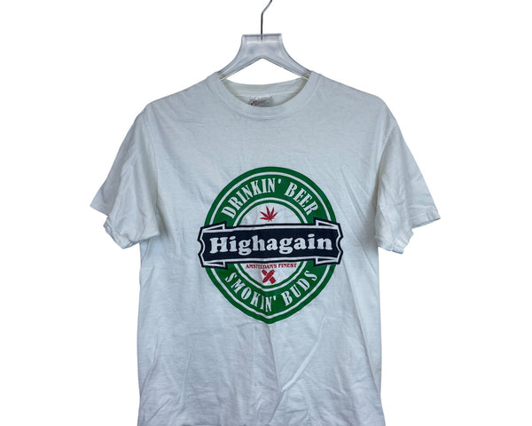 Hanes Mens White Graphic T-Shirt "Highagain" Design Medium 100% Cotton