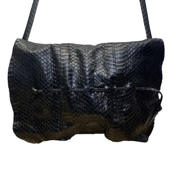 Vintage Womens Black Faux Snake Skin Suede Interior Crossbody Shoulder Bag