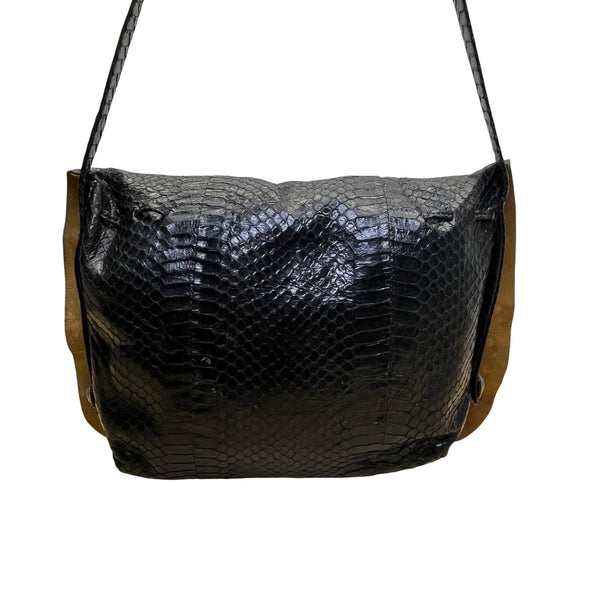 Vintage Womens Black Faux Snake Skin Suede Interior Crossbody Shoulder Bag