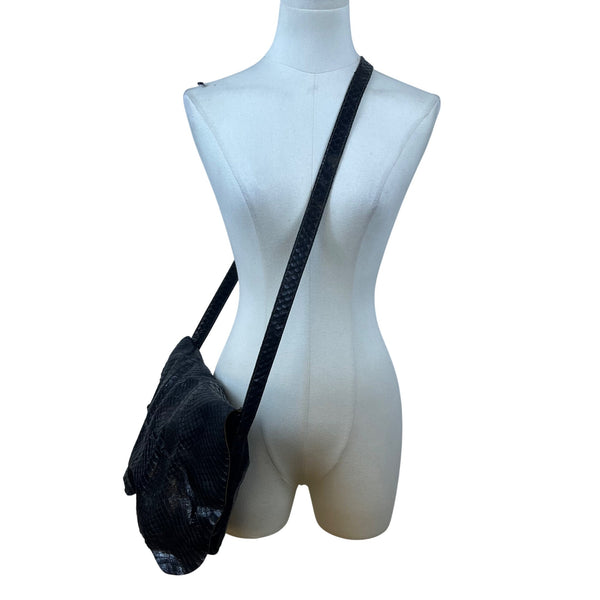 Vintage Womens Black Faux Snake Skin Suede Interior Crossbody Shoulder Bag