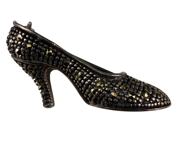 Sterling Silver Womens High Heel Shoe Brooch With Marcasite Stones Elegant