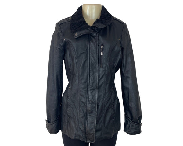Bromley collection Black Faux Leather Fleece Collar Zip Up Womens Jacket Sz M