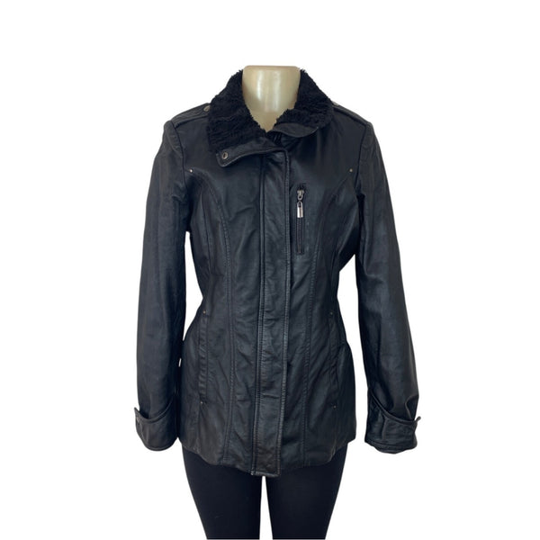 Bromley collection Black Faux Leather Fleece Collar Zip Up Womens Jacket Sz M