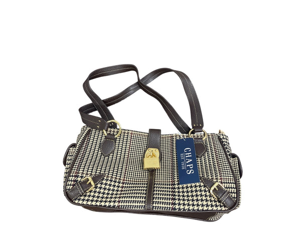 Chaps Womens Black & Tan Houndstooth Handbag With Double Straps Gold Hardware New