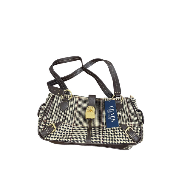 Chaps Womens Black & Tan Houndstooth Handbag With Double Straps Gold Hardware New