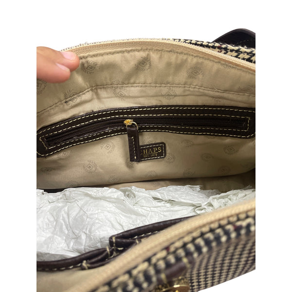 Chaps Womens Black & Tan Houndstooth Handbag With Double Straps Gold Hardware New