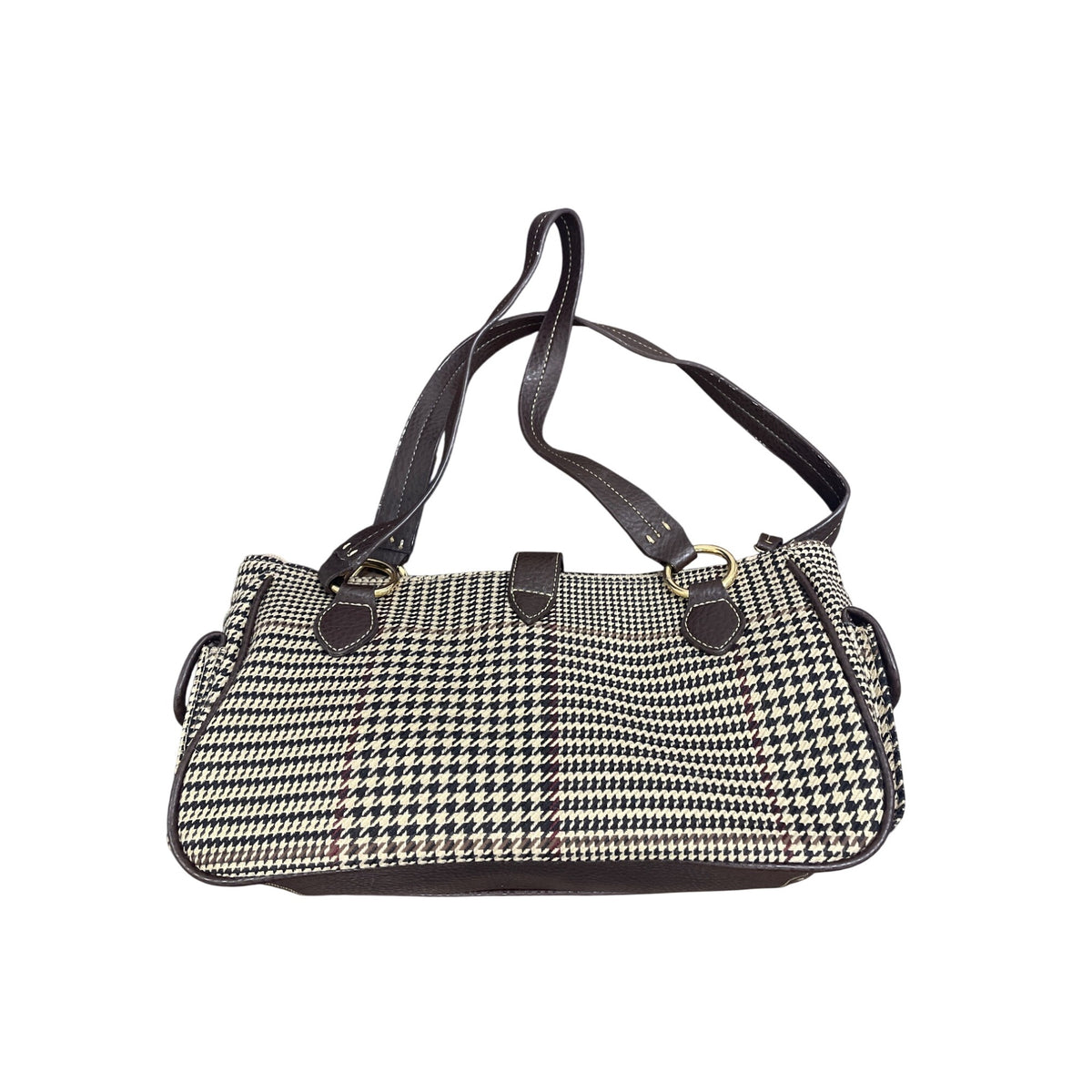 Chaps Womens Black & Tan Houndstooth Handbag With Double Straps Gold Hardware New