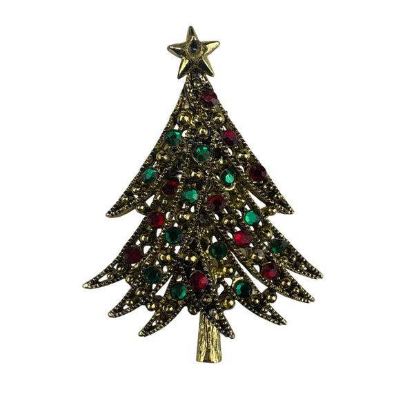 Hollycraft Women’s Gold Tone Christmas Tree Rhinestone Brooch Pin