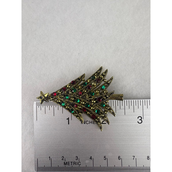 Hollycraft Women’s Gold Tone Christmas Tree Rhinestone Brooch Pin